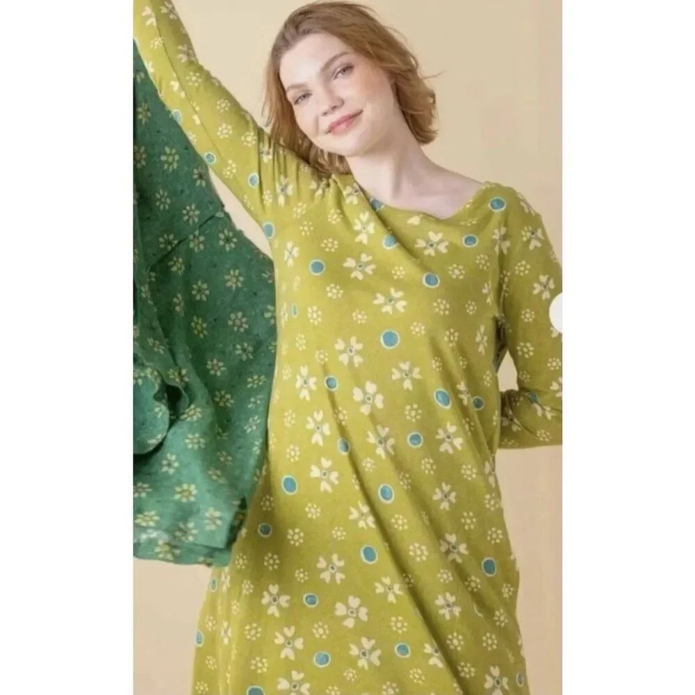 Gudrun Sjoden IRIS sz M floral Tunic dress Pocket Long Sleeve cotton modal green